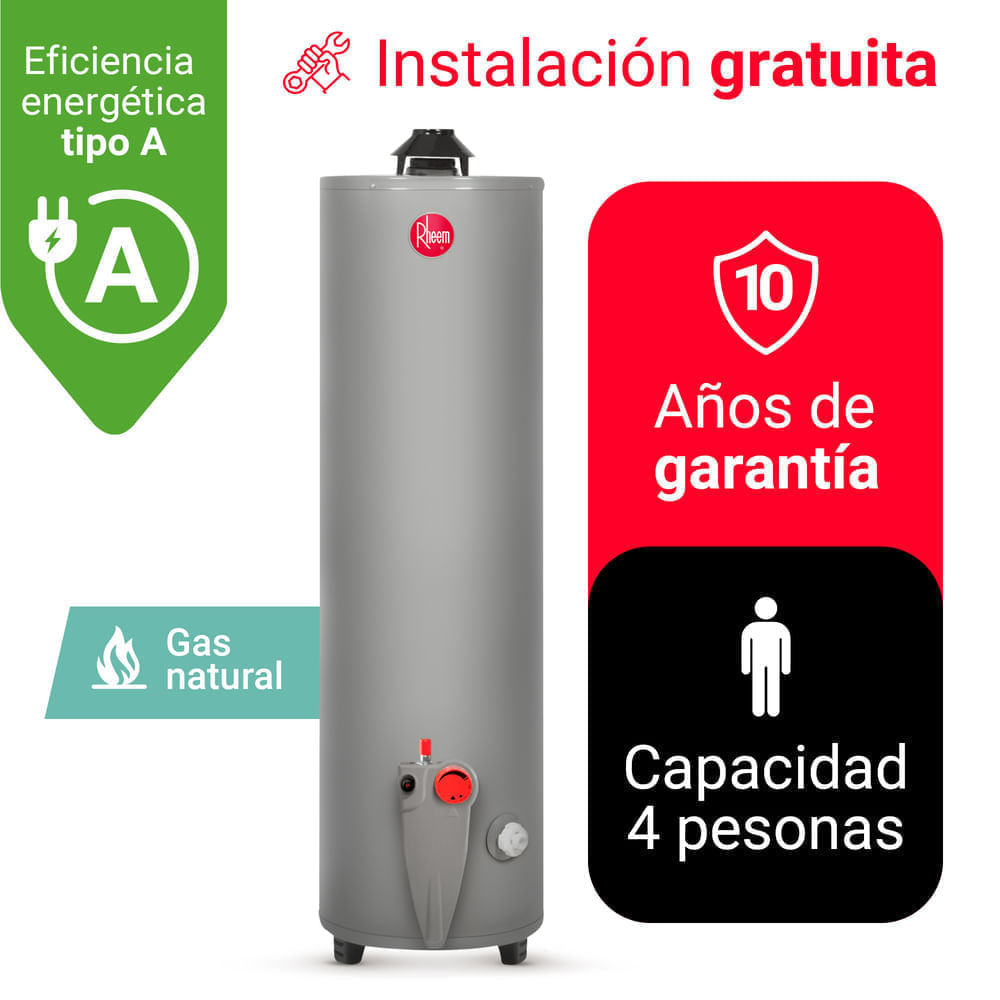 Imagen 2 del producto Termotanque Rheem, 114 litros, gas natural, tanque porcenalizado, válvula de drenado, gris