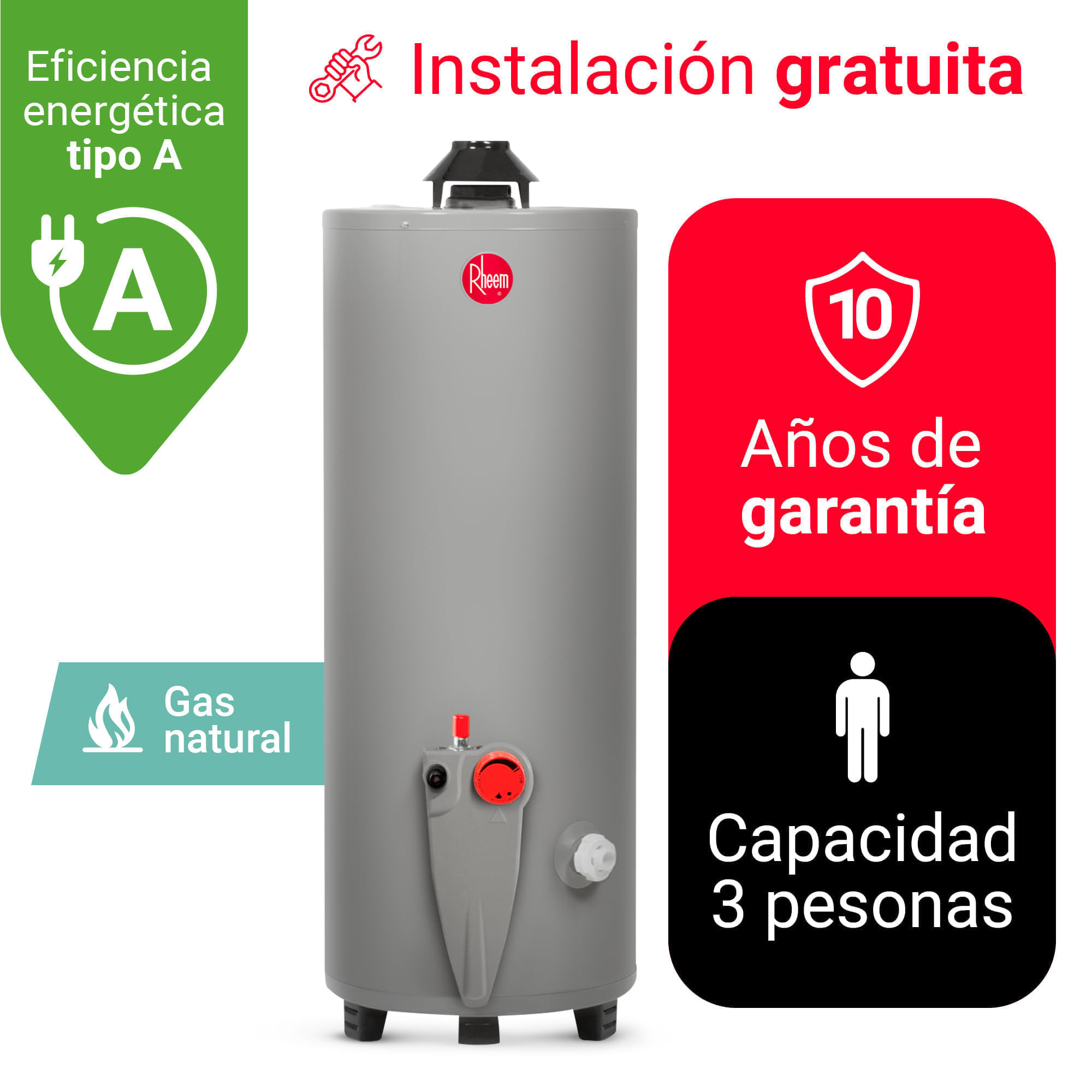 Imagen 2 del producto Termotanque Rheem, 76 litros, gas natural, triple sistema de seguridad, gris