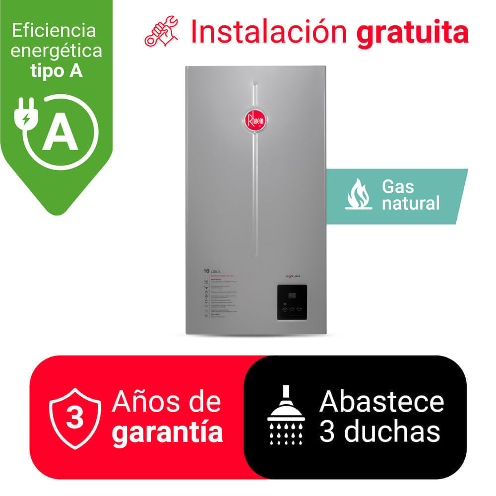Imagen 2 del producto Terma a gas Rheem, 16 litros, gas natural, encendido automático, gris