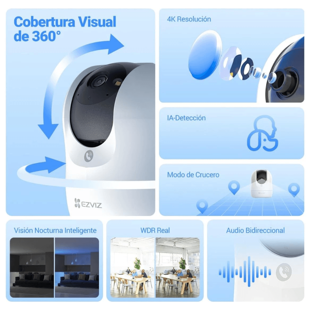 Imagen 2 del producto Cámara de seguridad EZVIZ C6N G1 para interior, 4K 8MP, Wi-Fi, infrarrojo inteligente hasta 10 m, rotativa 360°, audio bidireccional, blanco