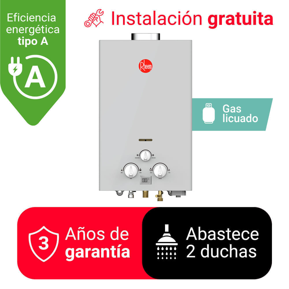 Imagen 2 del producto Terma a gas Rheem, 10 litros, GLP, botón de encendido y apagado, gris
