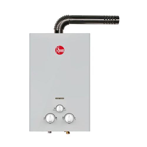 Terma a gas&nbsp;Rheem, 10 litros, tiro forzado, gas natural, 7 sistemas de seguridad, gris