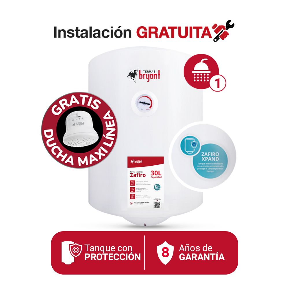 Imagen 2 del producto Terma eléctrica Bryant Zafiro 1500W, 30 litros, luz led de funcionamiento, blanco