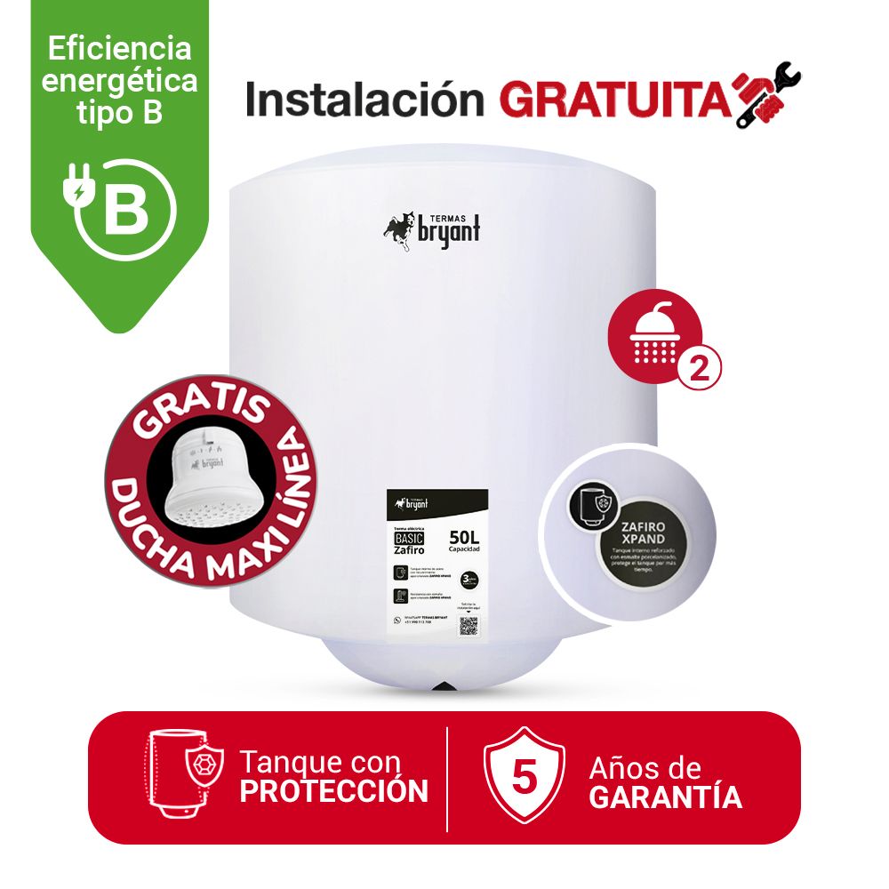 Imagen 2 del producto Terma eléctrica Bryant Basic 50L, tanque esmaltado Zafiro Xpand, resistencia esmaltada con zafiro, ahorro energía, blanco