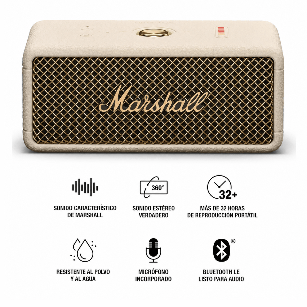 Imagen 2 del producto Parlante Bluetooth Marshall Emberton III, 20W RMS, IP67, más de 32 horas, True Wireless, micrófono para llamadas manos libres, crema