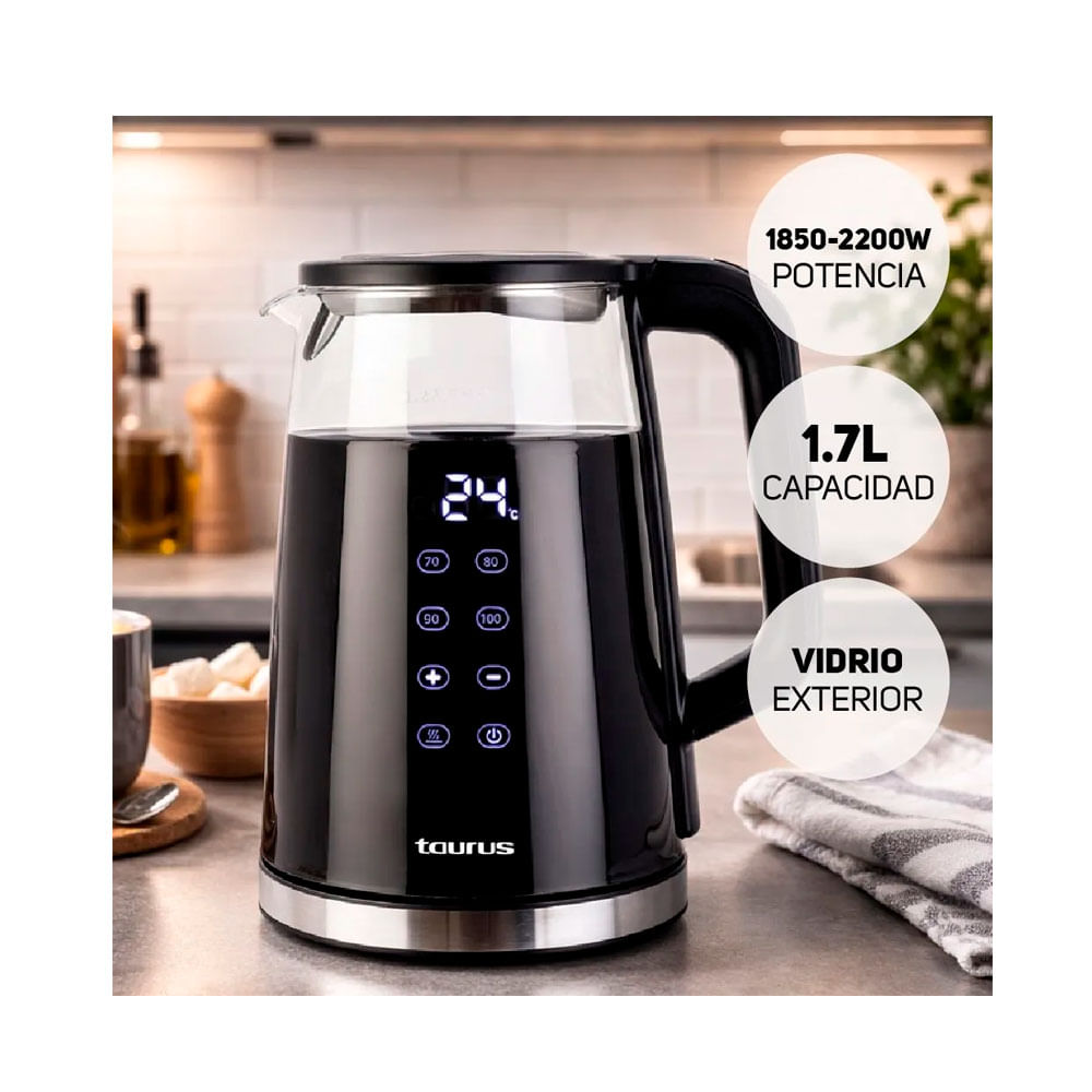 Imagen 2 del producto Hervidor Taurus Neoglass digital 1.7L, vidrio, acero inoxidable, potencia 2200W, base 360, negro