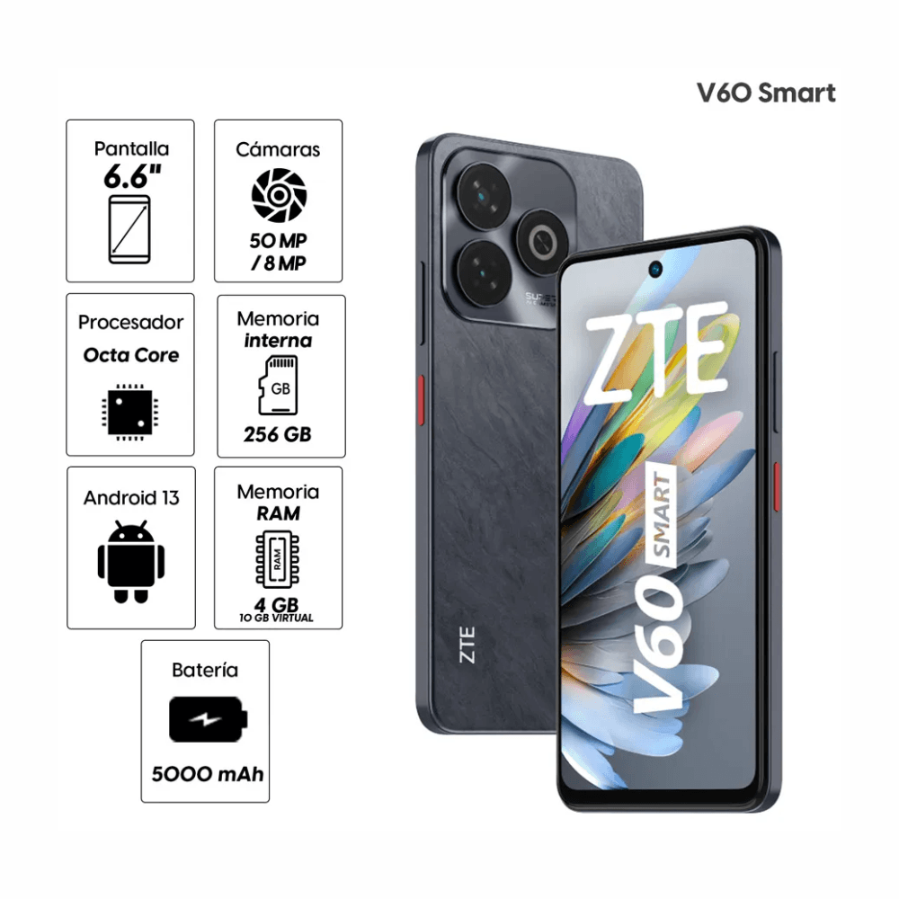 Imagen 2 del producto Reacondicionado: Celular ZTE Blade V60 Smart Z2359 256GB, 4GB RAM, cámara trasera 50MP y frontal 8MP, IPS 6.6"", negro