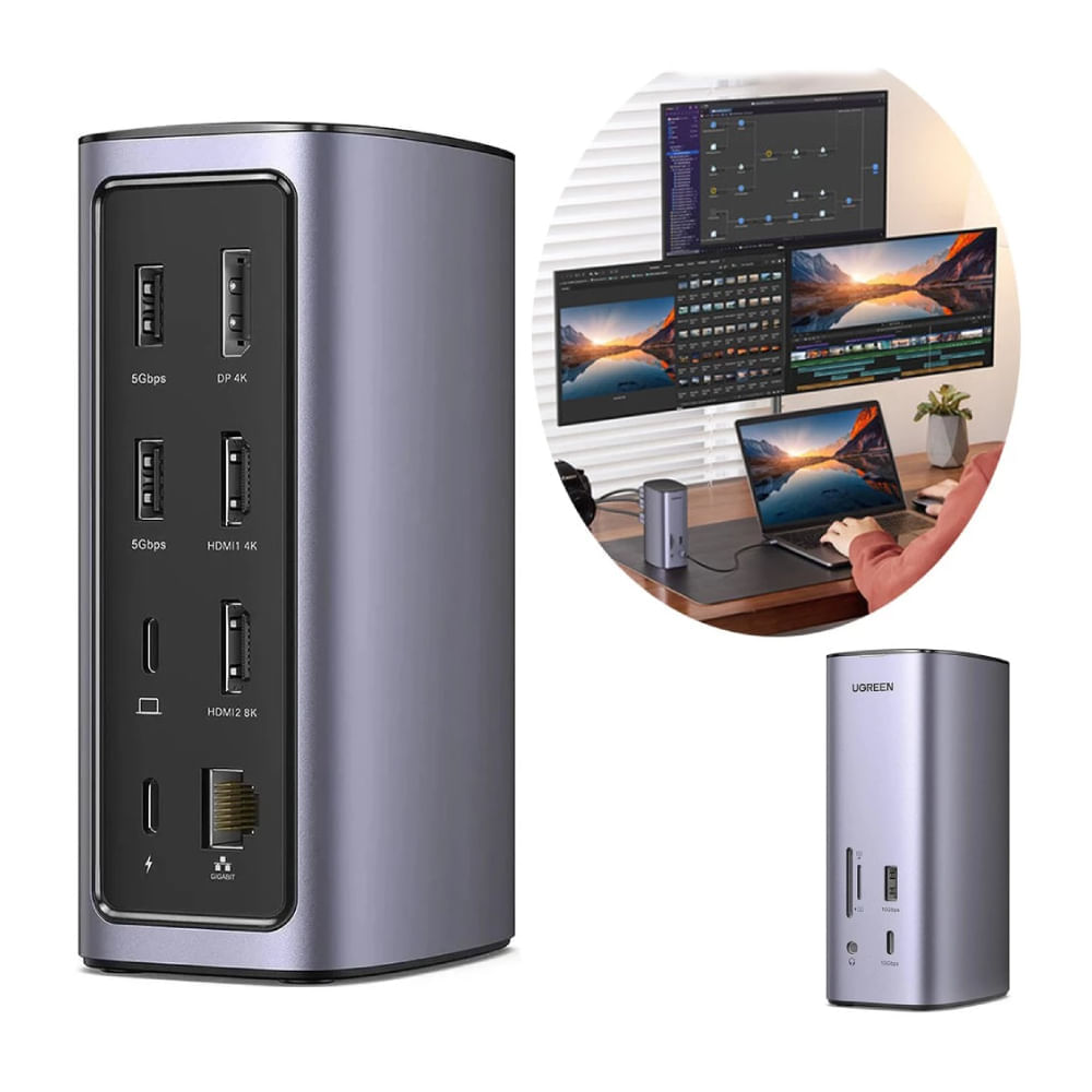 Imagen 2 del producto Docking Station Pro Ugreen, conector USB Tipo-C, 12 puertos, USB-C, USB-A, HDMI, DP, Ethernet RJ45, SD, Micro SD, Jack 3.5 mm