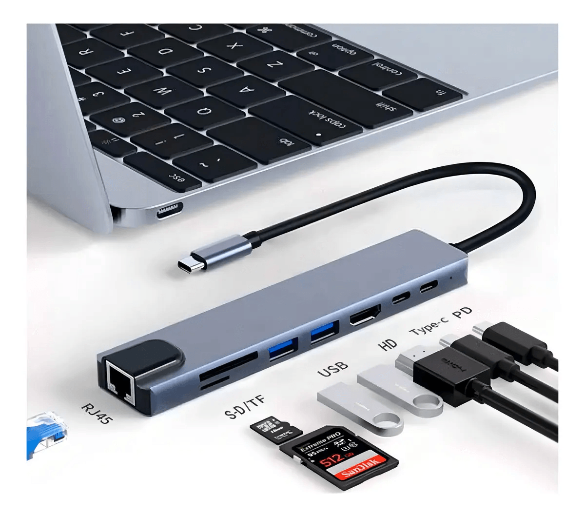 Imagen 2 del producto Adaptador USB-C 8 en 1 para laptop, HDMI 4K, internet por cable, carga PD 87W, USB y lector SD, gris espacial