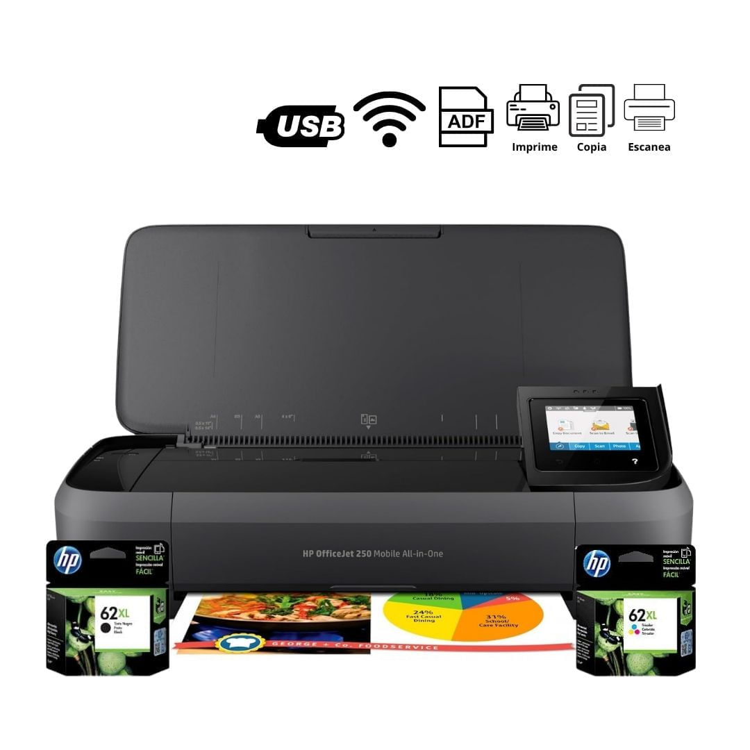 Imagen 2 del producto Impresora multifuncional HP OfficeJet 250 Mobile, inyección de tinta, inalámbrica, Wi-Fi, con cartuchos