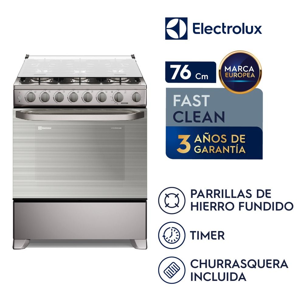 Imagen 2 del producto Cocina Electrolux 6 hornillas 76 cm, horno a gas VaporBake, parrillas de hierro fundido, inox