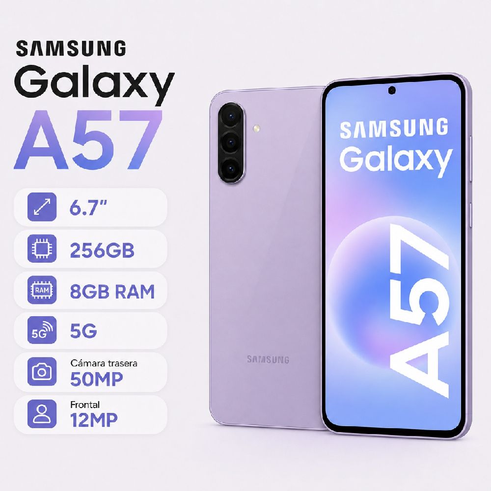 Imagen 2 del producto Celular Samsung A57 5G 256GB, 8GB RAM, cámara trasera 50MP, frontal 12MP, pantalla 6.7"", lila, con cargador