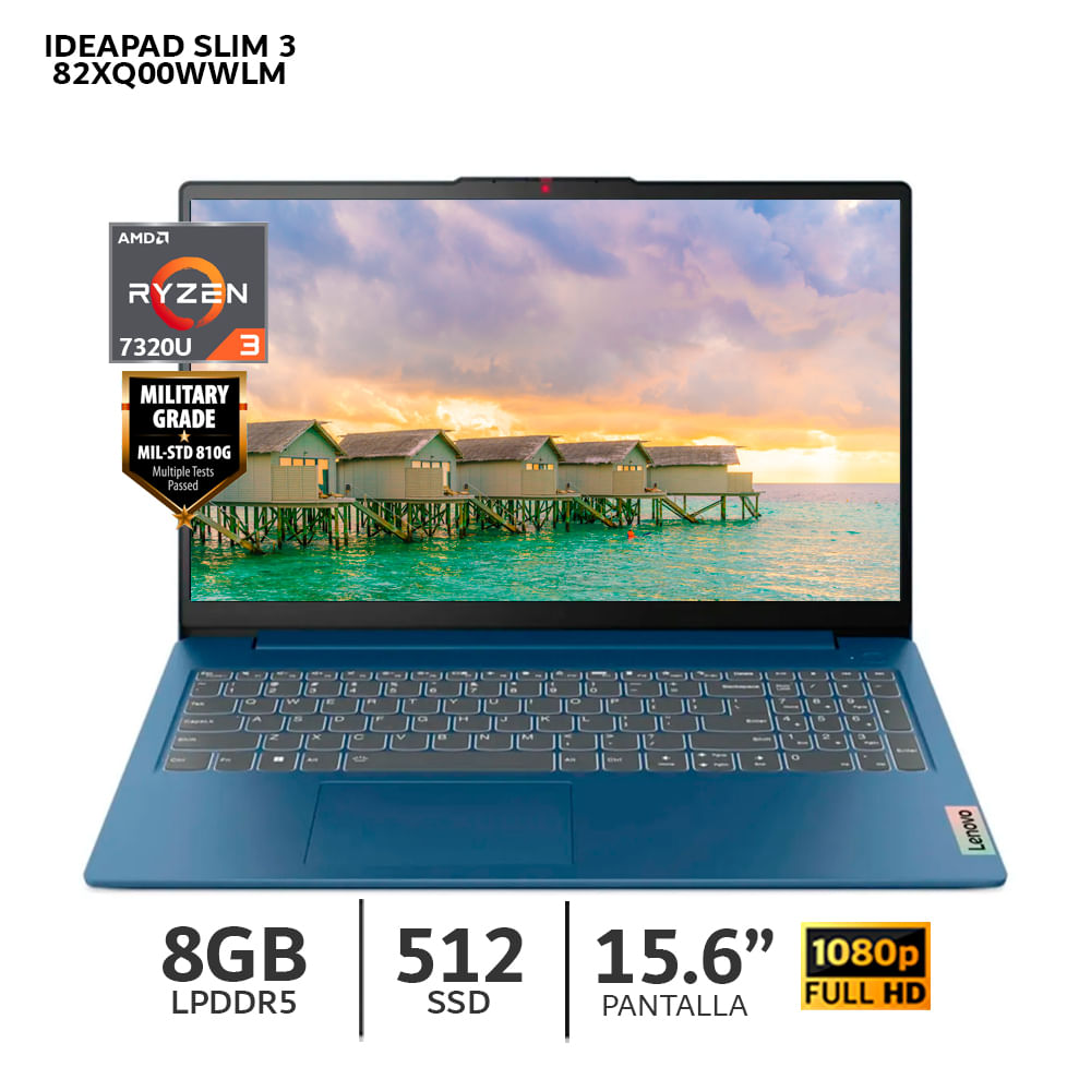 Imagen 2 del producto Laptop Lenovo IdeaPad Slim 3 15AMN8-82XQ00WWLM, AMD Ryzen 3 7320U, 512GB SSD, 8GB RAM, FreeDos - sin Sistema Operativo, azul abismo