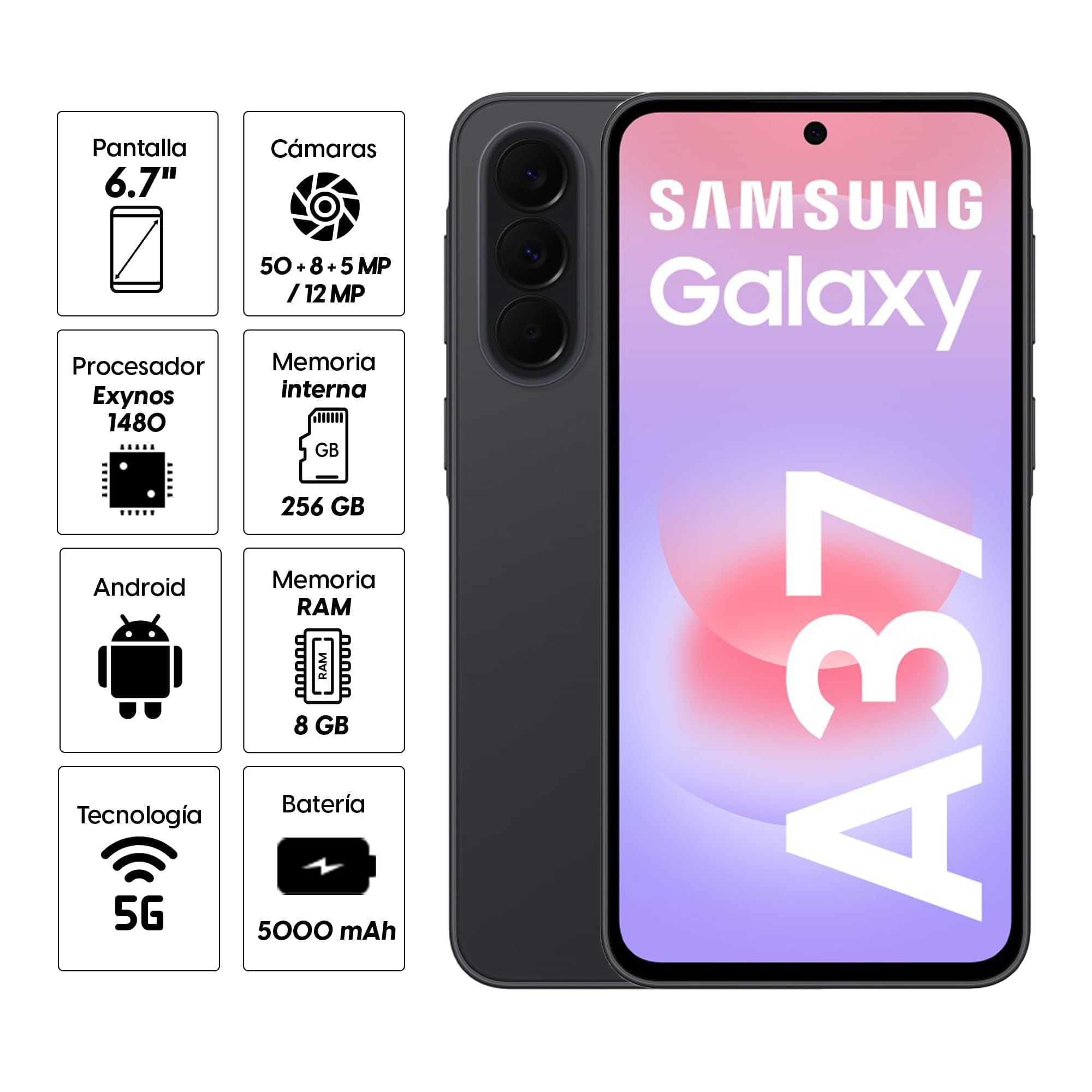 Imagen 2 del producto Celular Samsung Galaxy A37 5G 256GB, 8GB RAM, cámara trasera 50MP y frontal 12MP, 6.7'', gris