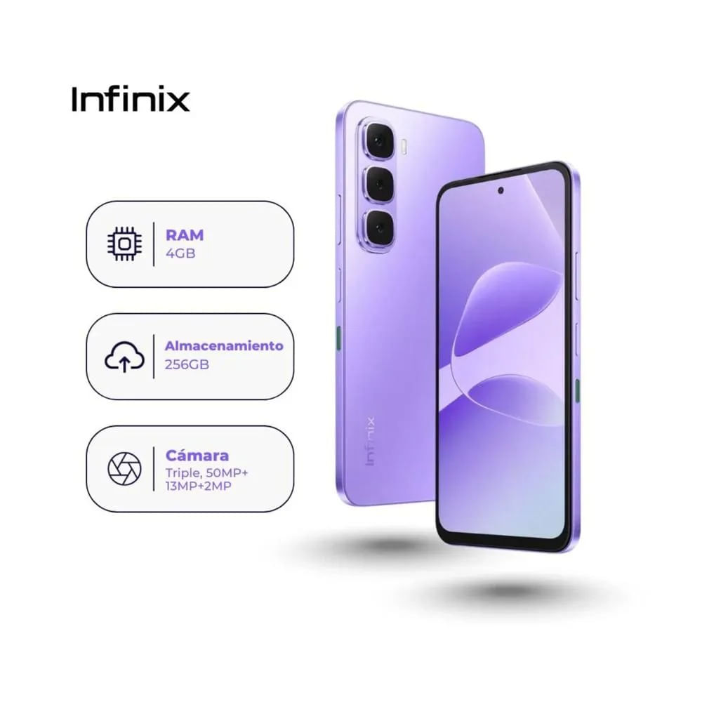 Imagen 2 del producto Celular Infinix Hot 60i 4G 256GB, 4GB RAM, cámara 50MP y frontal 8MP, pantalla 6.7"", morado