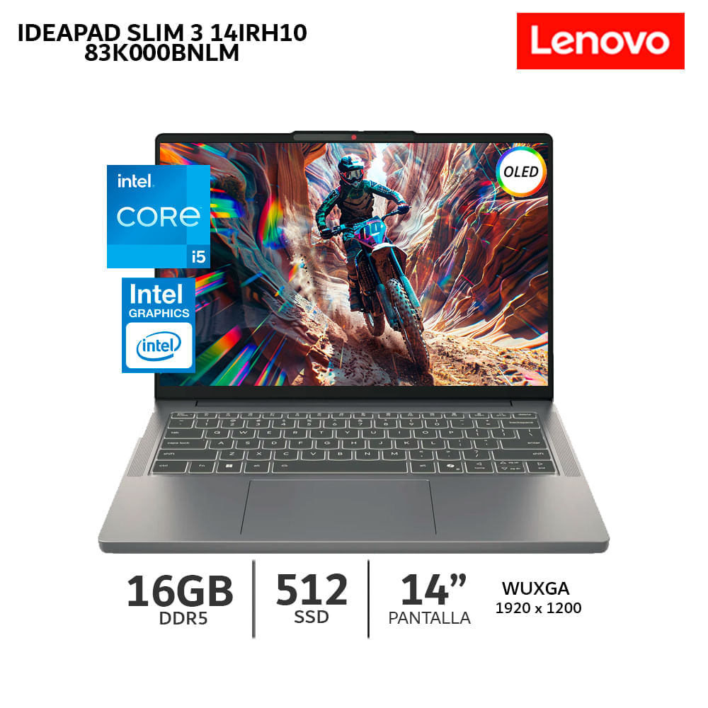 Imagen 2 del producto Laptop Lenovo IdeaPad Slim 3 14IRH10 14"" WUXGA OLED, Intel Core i5-13420H, 16GB RAM, SSD 512GB, luna grey