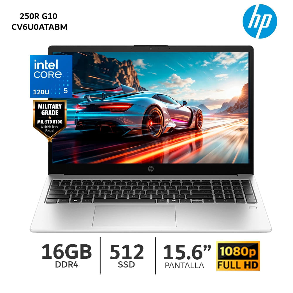 Imagen 2 del producto Laptop HP 250R G10 15.6"", Intel Core 5 120U, 512GB SSD, 16GB RAM, FreeDos - sin Sistema Operativo, plata (CV6U0ATABM)