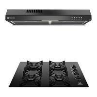 Combo: Encimera a gas Electrolux KE4GR 60 cm, 4 quemadores, vidrio templado, negro + Campana Electrolux DE6SB 60 cm