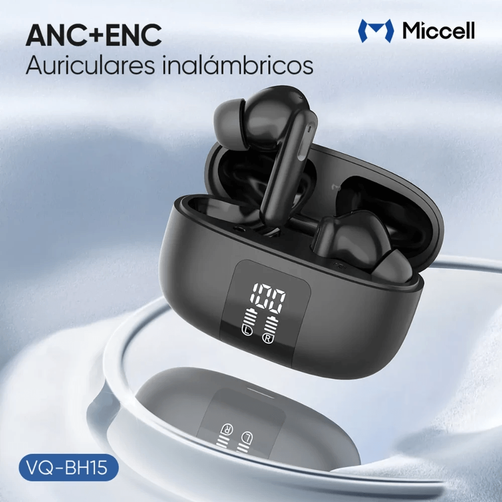 Imagen 2 del producto Audífonos Bluetooth true wireless Miccell BH15 con cancelación de ruido, hasta 30 horas de reproducción, negro