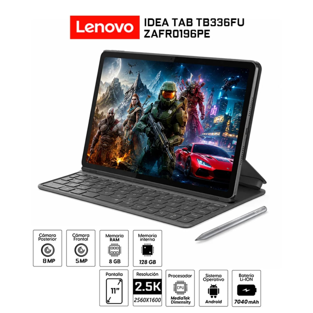 Imagen 2 del producto Tablet Lenovo Idea Tab 11"" 128GB, 8GB RAM, cámara principal 8MP y frontal 5MP, MediaTek Dimensity, luna grey + Teclado con soporte + Lápiz
