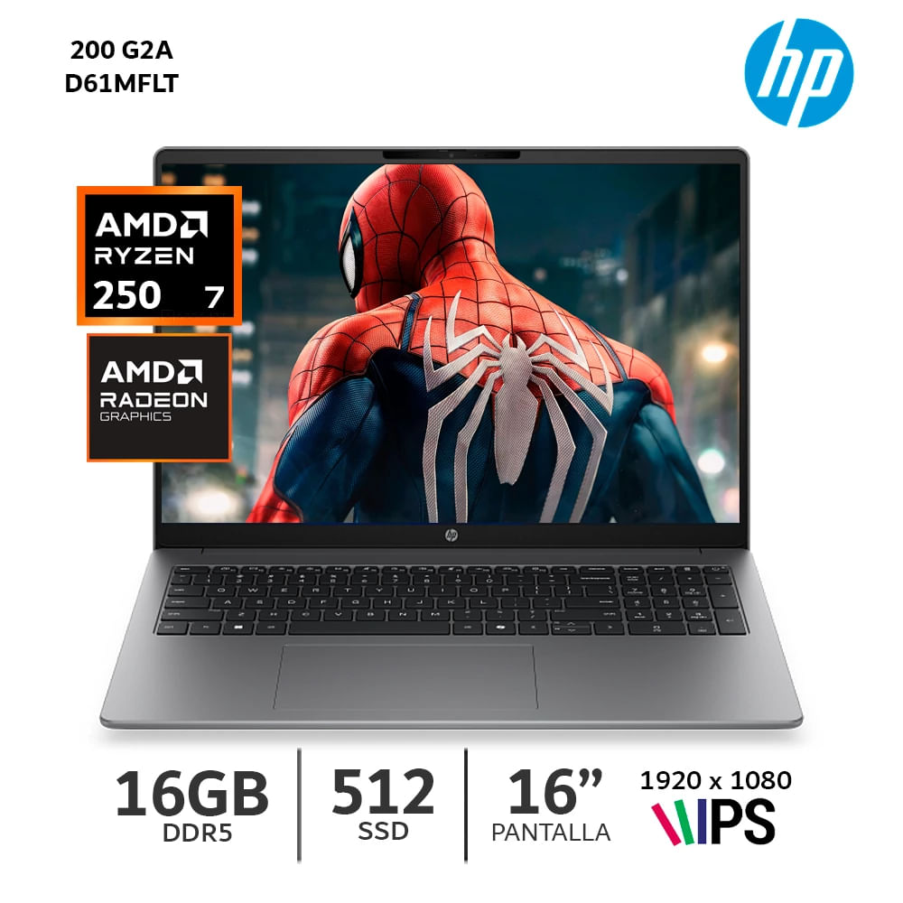 Imagen 2 del producto Laptop HP 200 G2A 16"", AMD Ryzen 7-250, 512GB SSD, 16GB RAM, FreeDos - sin Sistema Operativo, plata meteoro (D61MFLT)