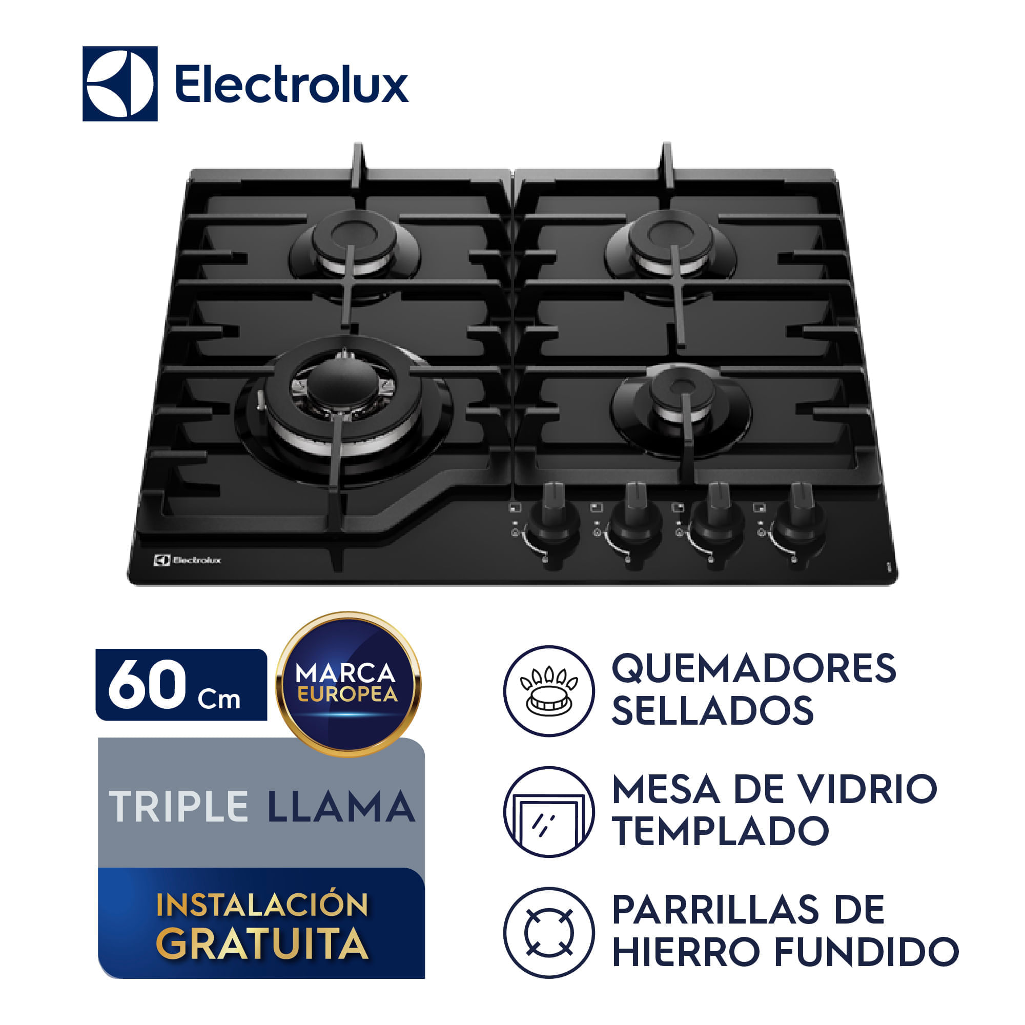 Imagen 2 del producto Encimera a gas Electrolux KE4CB 4 hornillas 60 cm, vidrio templado, triple llama, 7800 W, negro