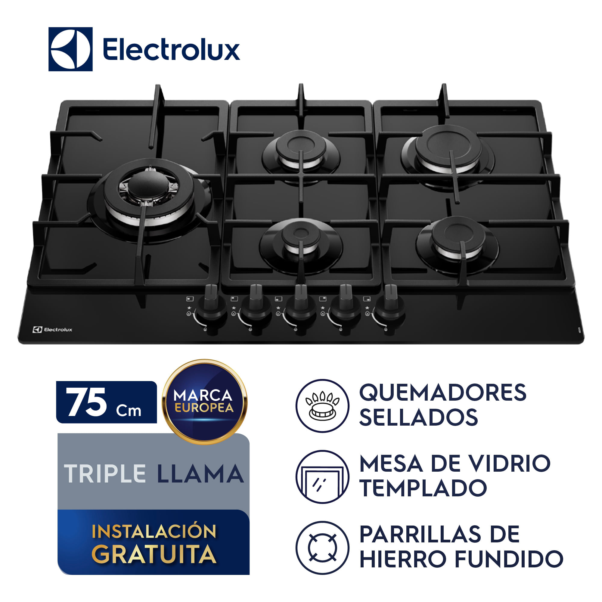 Imagen 2 del producto Encimera a gas Electrolux KE5CB 5 hornillas 75 cm, vidrio templado, triple llama, 10800 W, negro