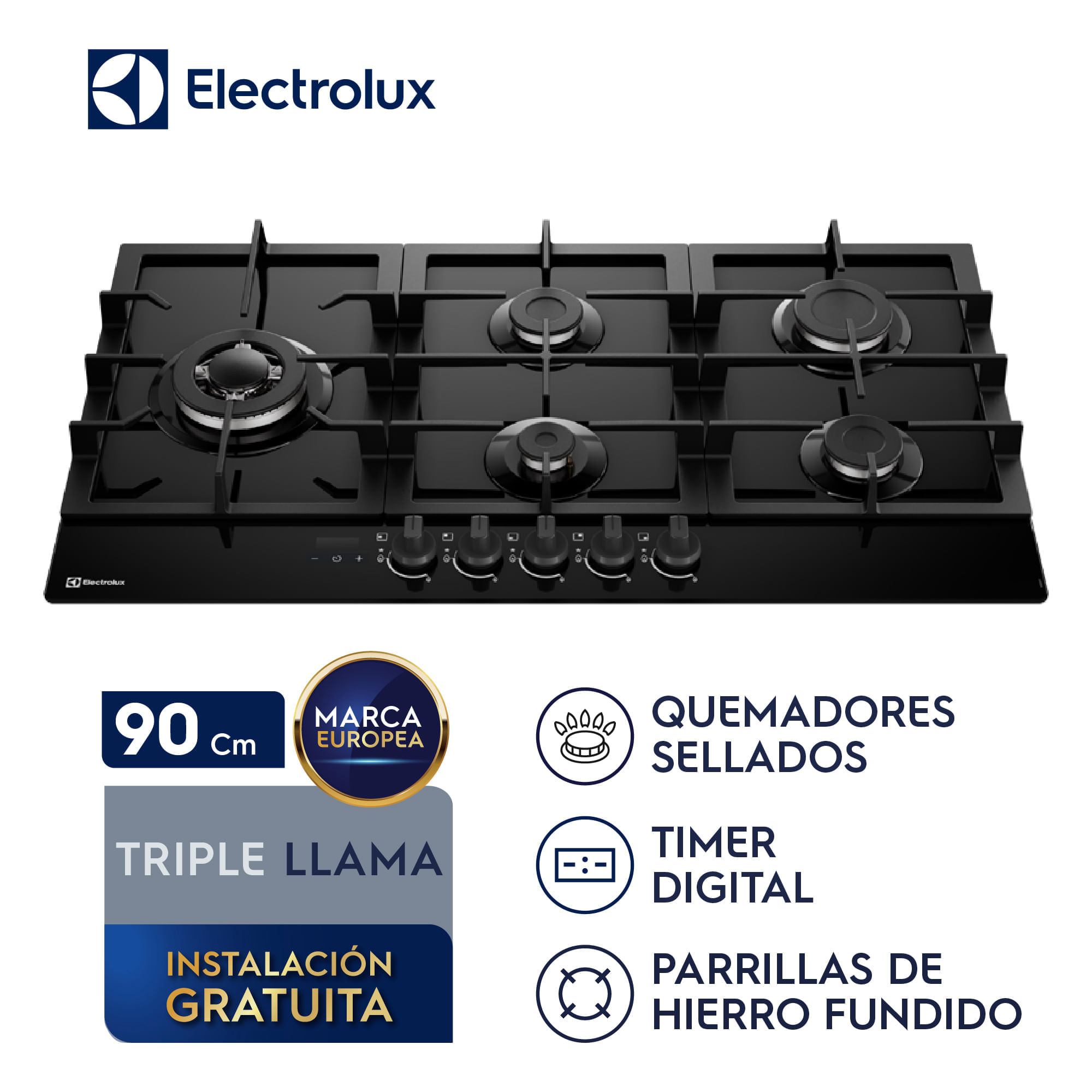 Imagen 2 del producto Encimera a gas Electrolux KE5DT 5 hornillas 90 cm, vidrio templado, triple llama, 10800 W, negro