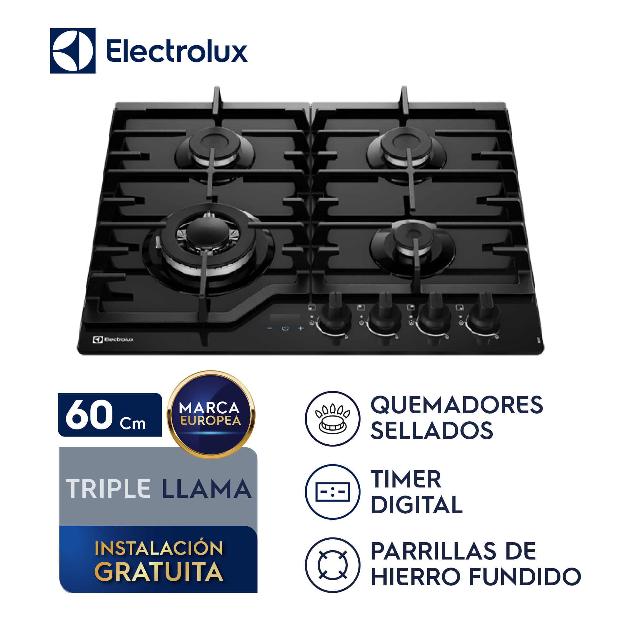 Imagen 2 del producto Encimera a gas Electrolux KE4CT, 4 hornillas 60 cm, vidrio templado, triple llama, 7800 W, negro
