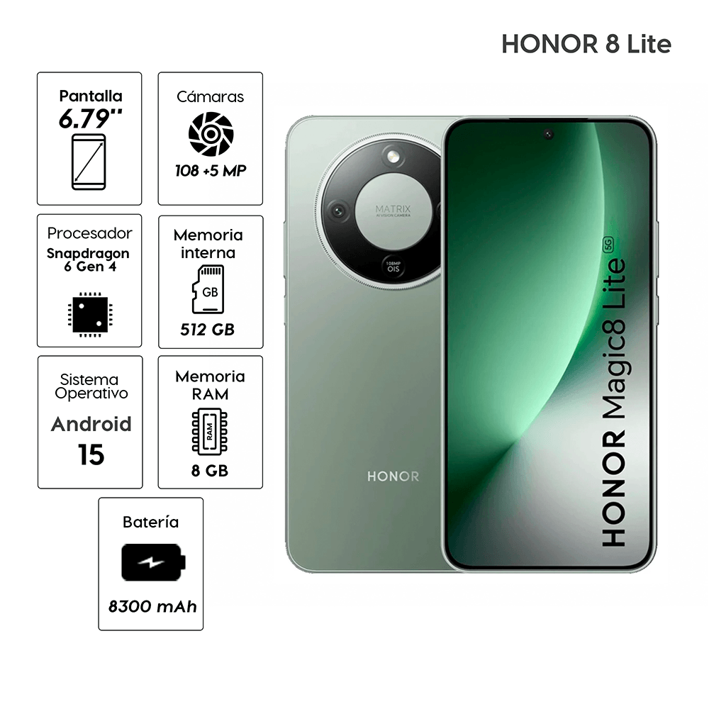 Imagen 2 del producto Celular Honor Magic 8 Lite 512GB, 8GB RAM, cámara trasera 108MP+5MP y frontal 16MP, 6.79"", verde