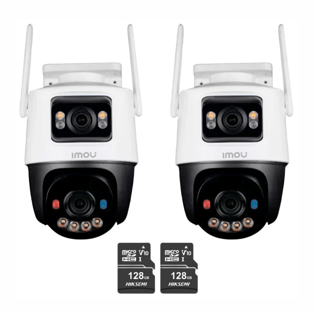 Imagen 1 del producto Kit 2 cámaras de seguridad Imou Cruiser Dual 10MP, visión 360°, Wi-Fi 6, nocturna color 30m, IP66, blanco + 2 Micro SD 128GB