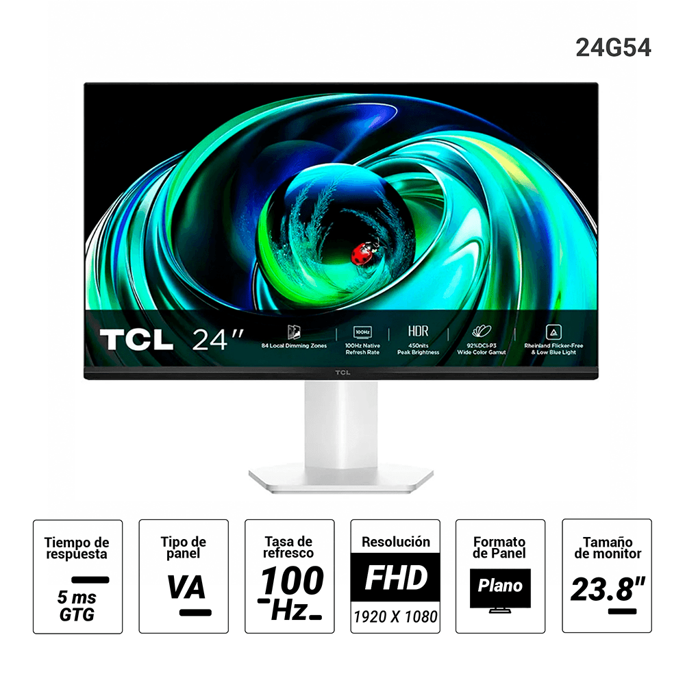 Imagen 2 del producto Monitor plano TCL 24G54, 23.8"", VA Mini LED, Full HD, 100Hz, 5ms, HDMI/VGA, blanco