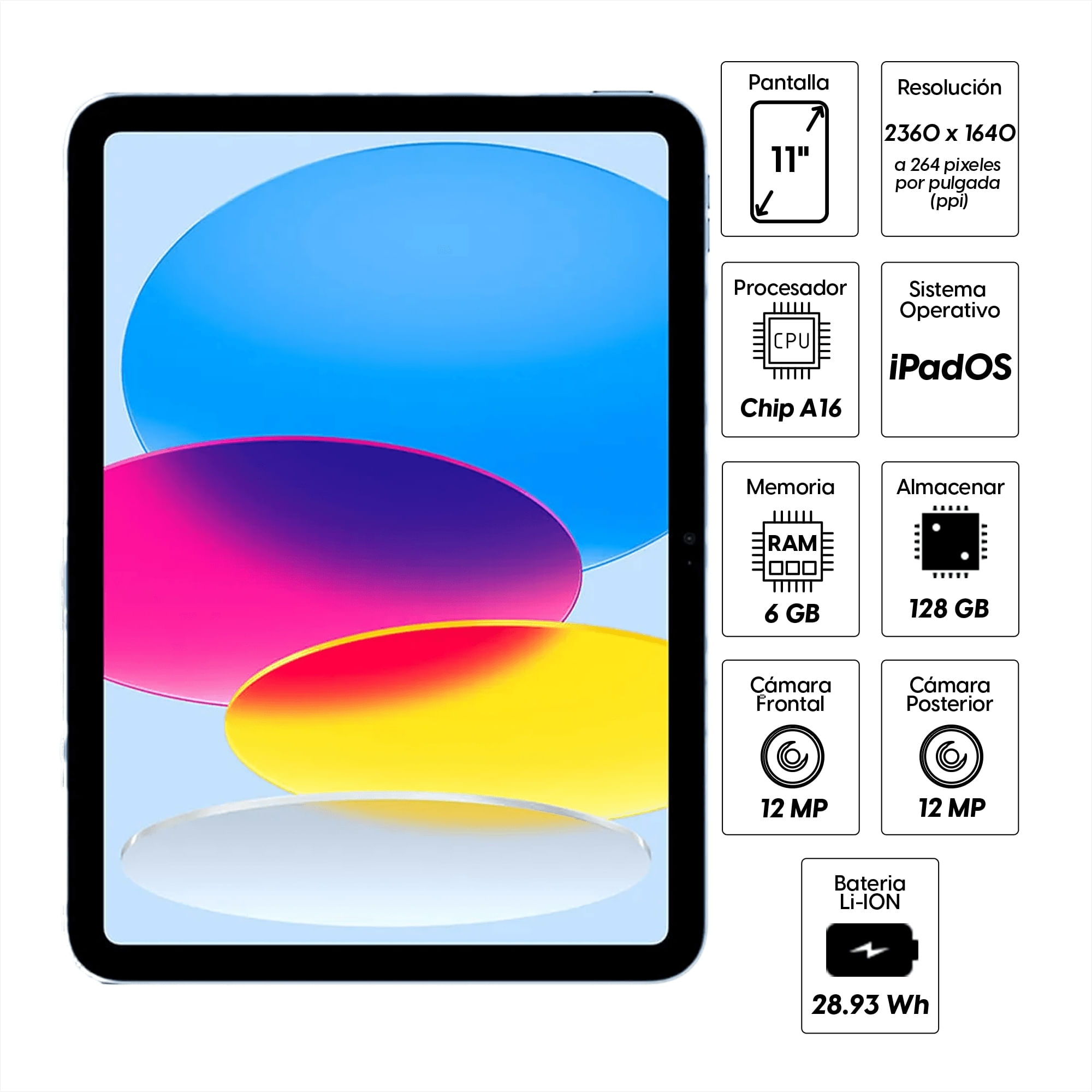 Imagen 2 del producto Reacondicionado: iPad 11"" 128GB, cámara principal 12MP y frontal 12MP, 28.93 Wh, Chip A16, blue