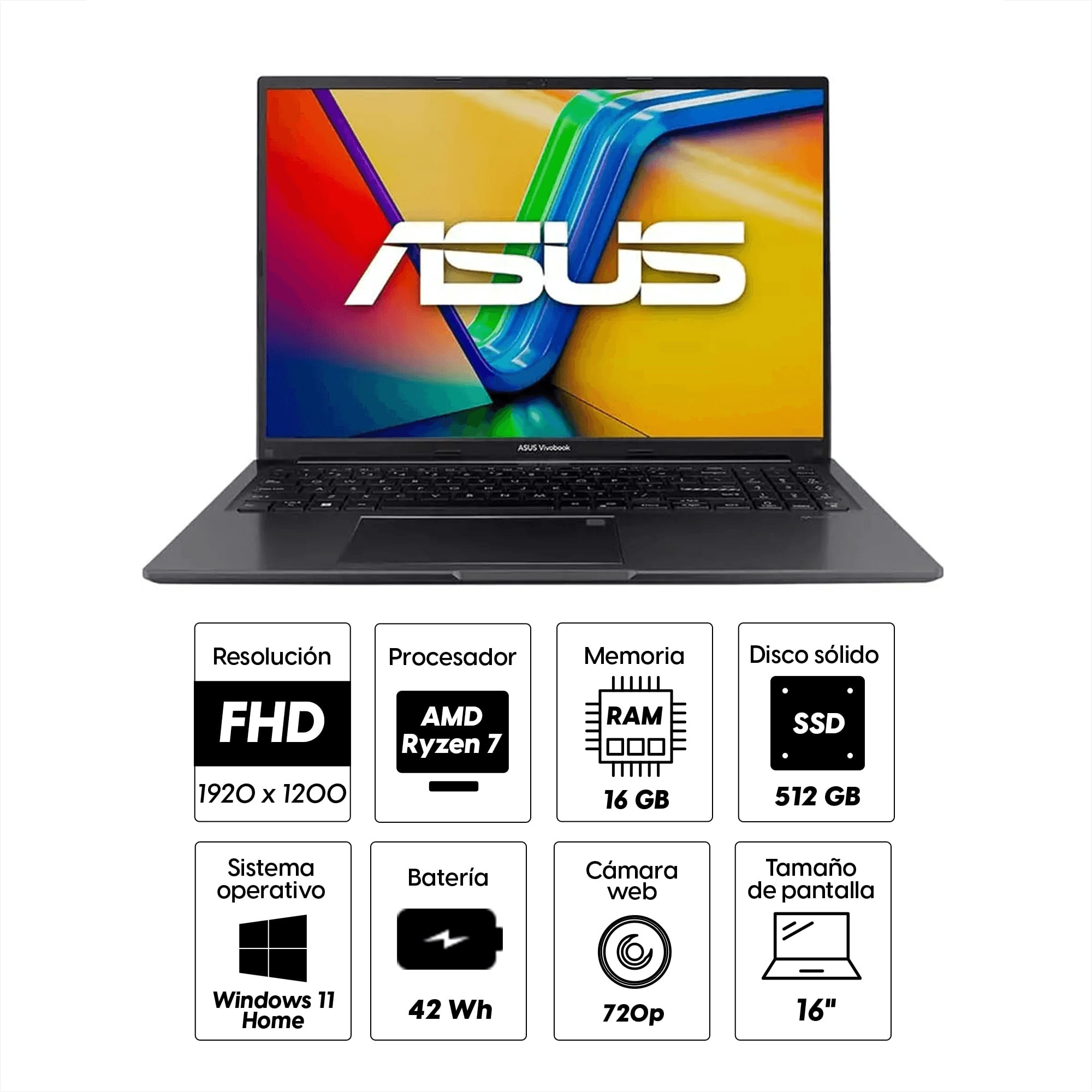Imagen 2 del producto Laptop Asus Vivobook 16"" AMD Ryzen 7-7730U, 512GB SSD, 16GB RAM DDR4, Win 11, negro (reempacado)