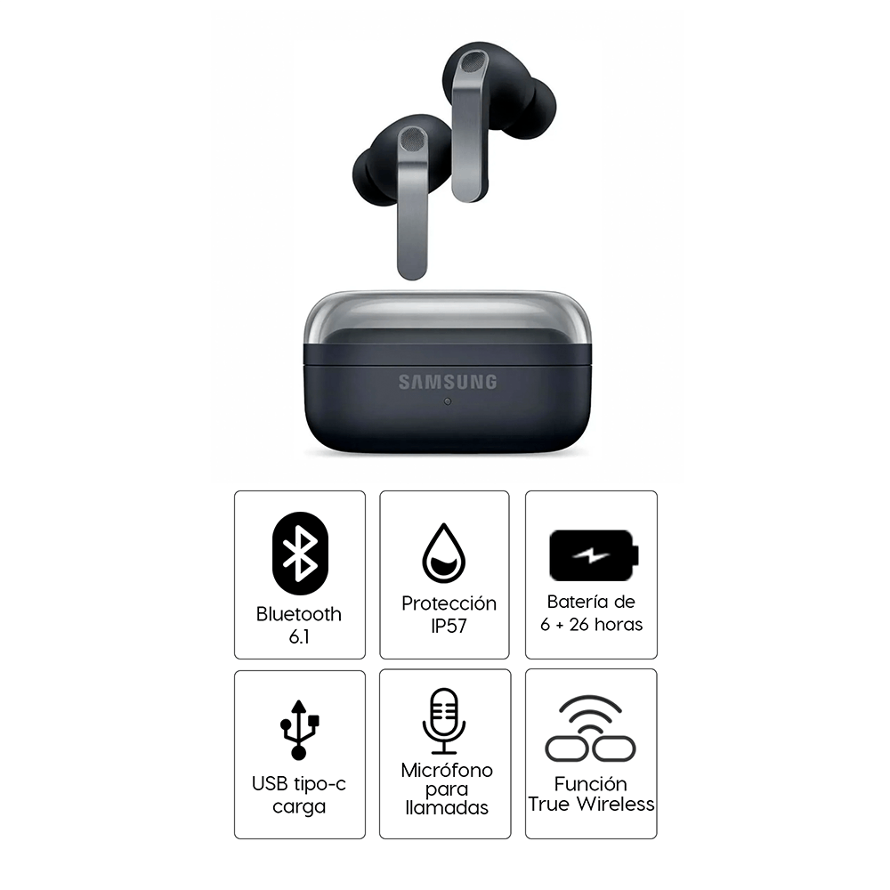 Imagen 2 del producto Audífonos Bluetooth true wireless Samsung Galaxy Buds 4 Pro con cancelación de ruido adaptativa, IP57, hasta 30 horas, negro