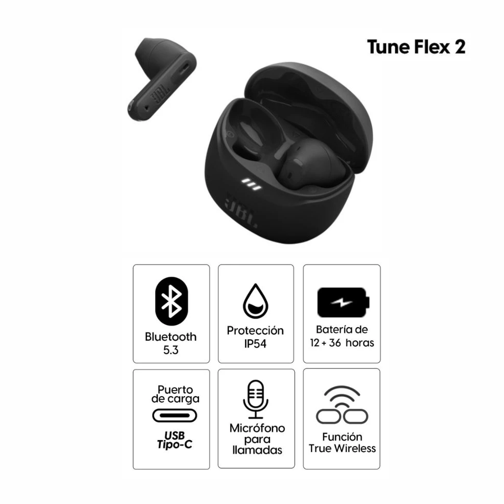 Imagen 2 del producto Audífonos Bluetooth true wireless JBL Tune Flex 2 con cancelación de ruido adaptativa, IP54, hasta 48 horas, negro