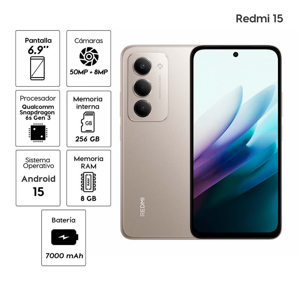 Imagen 2 del producto Celular Xiaomi Redmi 15 5G 256GB, 8GB RAM, cámara trasera 50MP, frontal 8MP, 6.9"", Gris Titanio