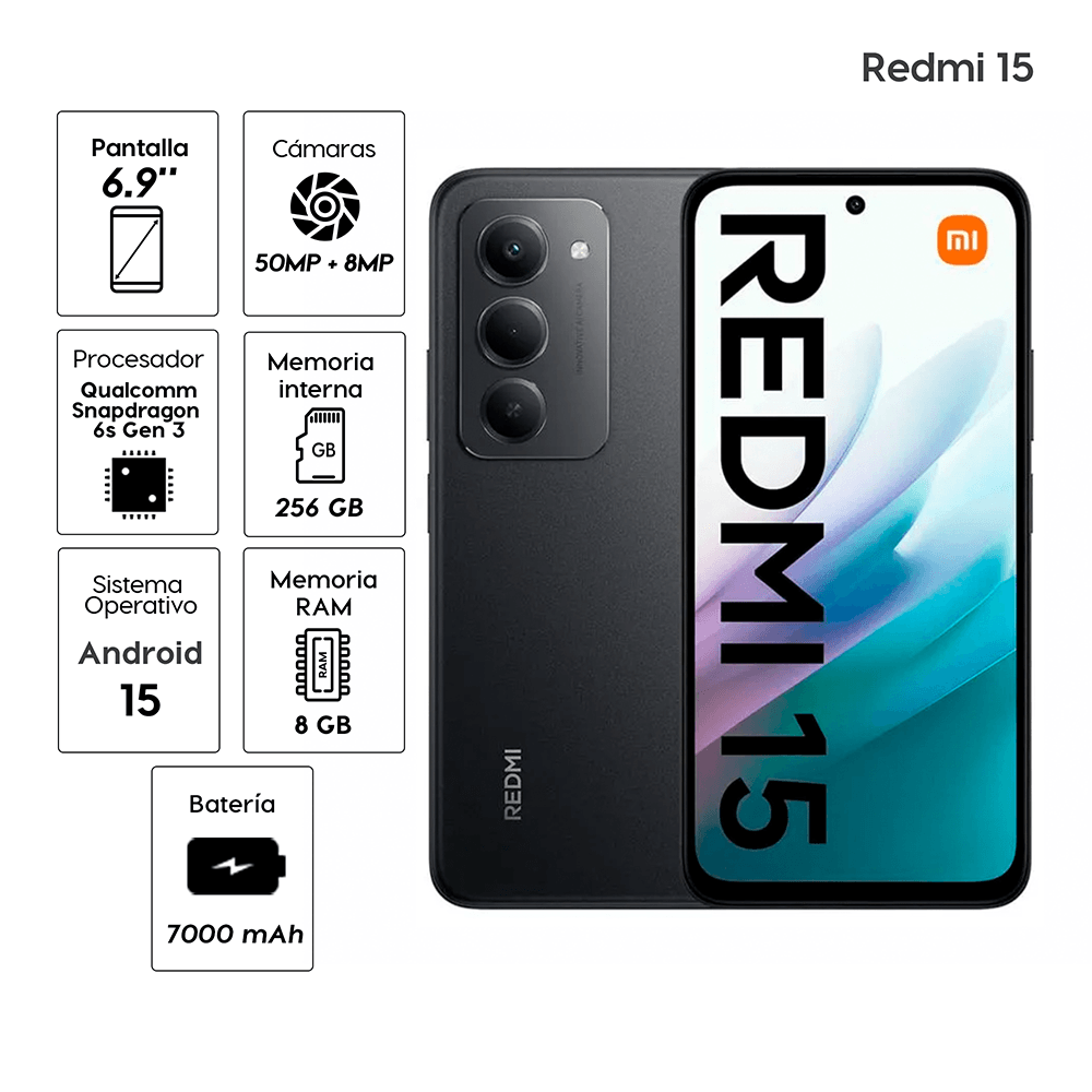 Imagen 2 del producto Celular Xiaomi Redmi 15 5G 256GB, 8GB RAM, cámara trasera 50MP, frontal 8MP, 6.9"", negro