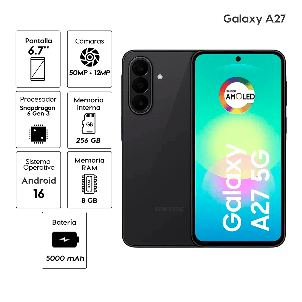 Imagen 2 del producto Celular Samsung Galaxy A27 5G 256GB, 8GB RAM, cámara trasera 50MP, frontal 12MP, 6.7"", negro