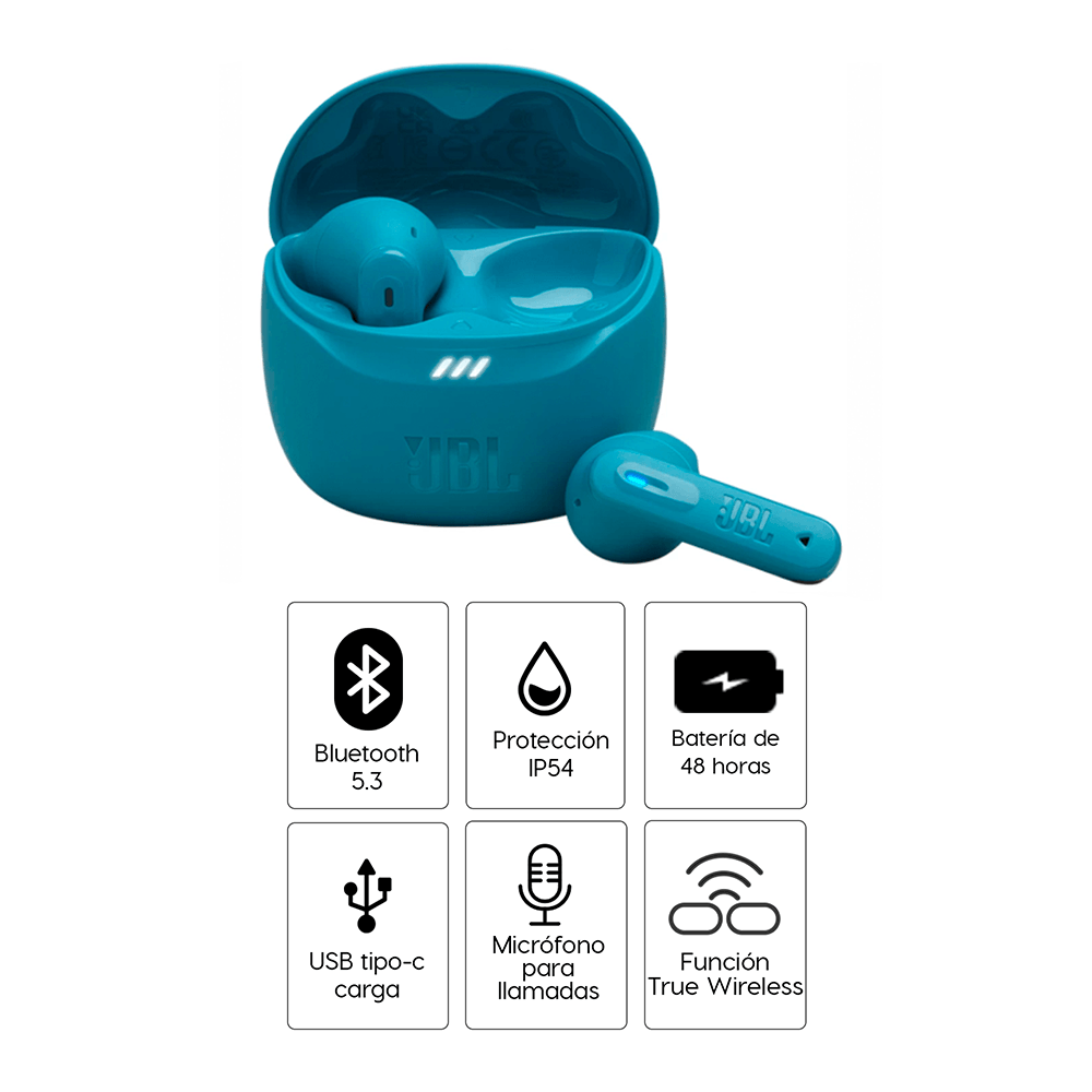 Imagen 2 del producto Audífonos Bluetooth true wireless JBL Tune Flex 2 con cancelación de ruido adaptativa, IP54, hasta 48 horas, turquesa