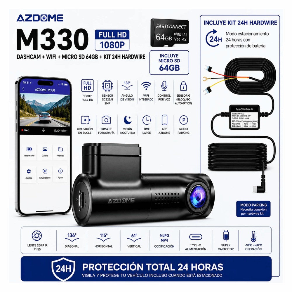 Imagen 2 del producto Cámara para autos AZDOME M330 136°, Full HD 1080P, Wi-Fi, visión nocturna, grabación en bucle, sensor G + MicroSD 64GB + Hardwire kit, negro