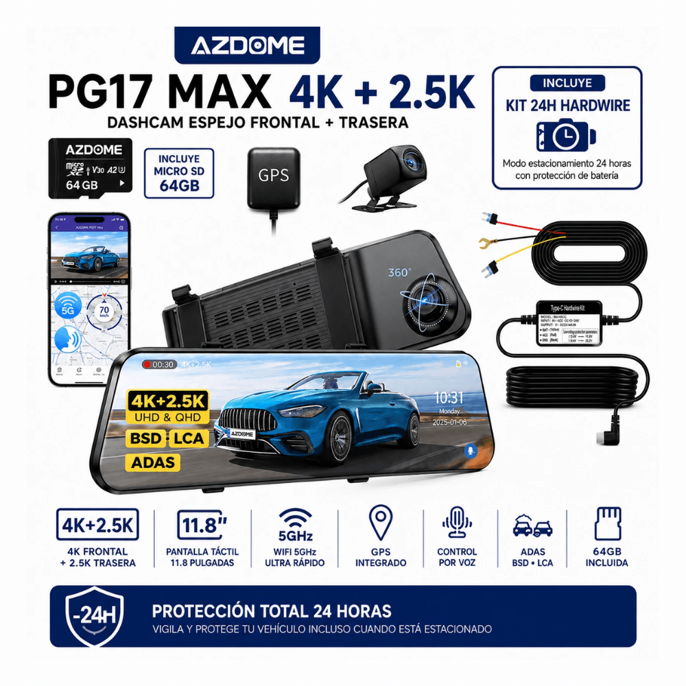 Imagen 2 del producto Cámara para auto AZDOME PG17 Max tipo espejo, 4K + 2.5K, GPS, Wi-Fi 5GHz, asistencia al conductor + MicroSD 64GB + Hardwire kit, negro