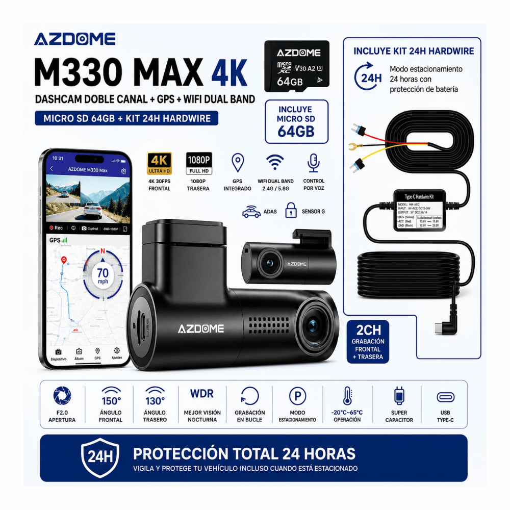 Imagen 2 del producto Cámara para autos AZDOME M330 Max, frontal + trasera, 4K + 1080P, GPS, Wi-Fi dual band, visión nocturna, ADAS + MicroSD 64GB + Hardwire kit, negro