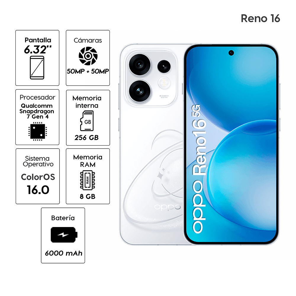 Imagen 2 del producto Celular OPPO Reno16 5G 256GB, 8GB RAM, cámara trasera 50MP+50MP+50MP, frontal 50MP, 6.32"", blanco + Enco Buds 2 Pro blanco