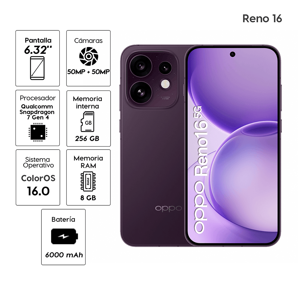 Imagen 2 del producto Celular OPPO Reno16 5G 256GB, 8GB RAM, cámara trasera 50MP+50MP+50MP, frontal 50MP, 6.32"", vino + Enco Buds 2 Pro blanco