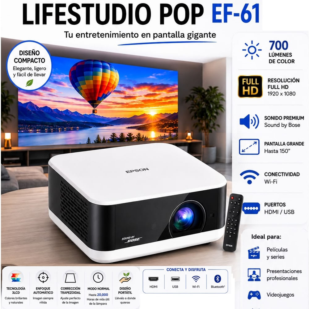 Imagen 2 del producto Proyector portátil Epson Lifestudio Pop EF-61 Full HD, 700 lúmenes, Google TV, hasta 150"", blanco