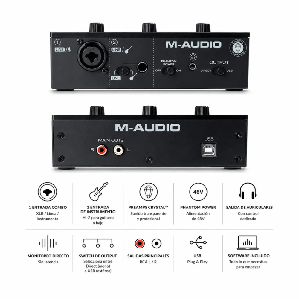 Imagen 2 del producto Interfaz de audio M-Audio M-Track Solo, USB Tipo-C, 2 canales, 24 bits / 48 kHz, preamp Crystal, negro