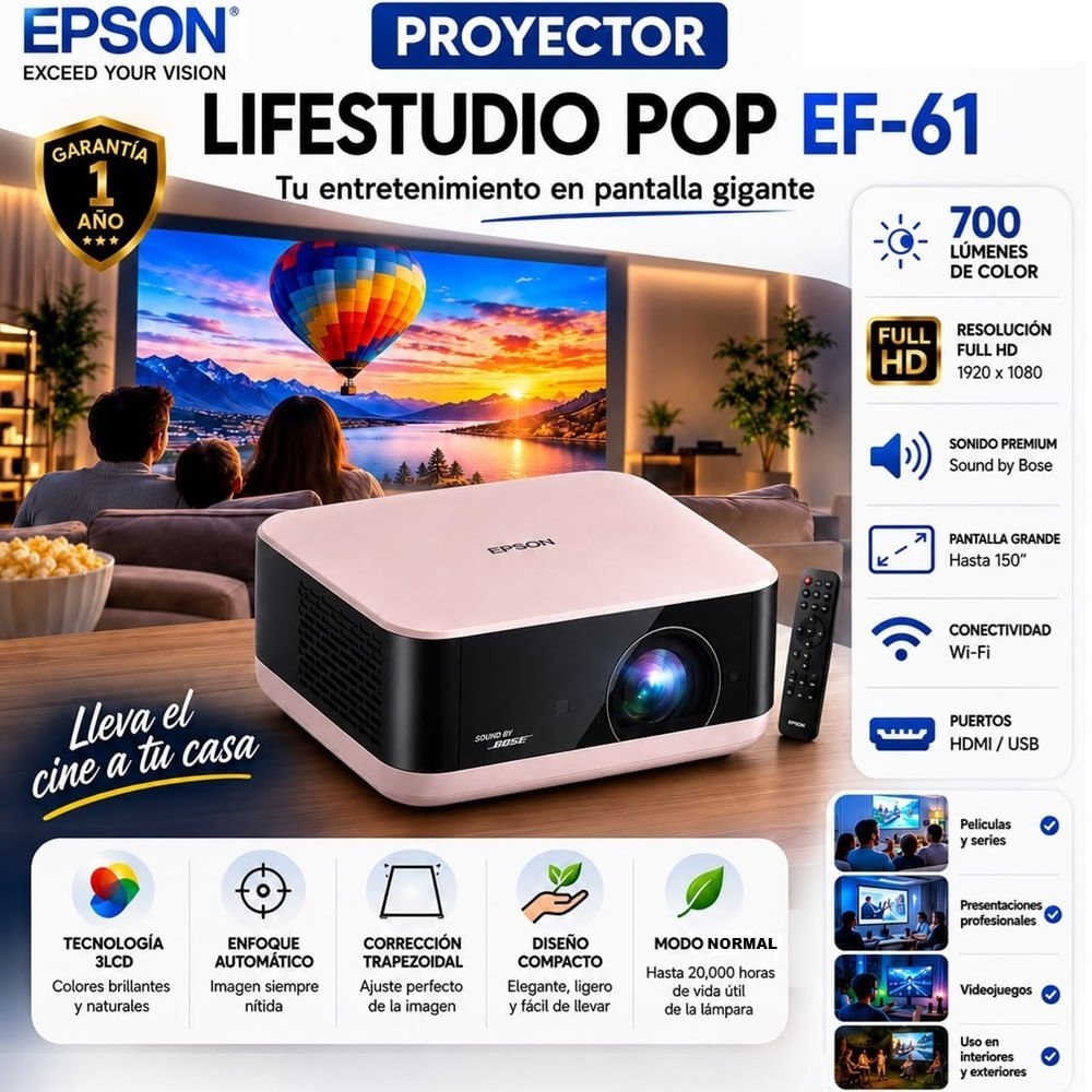 Imagen 2 del producto Proyector portátil Epson Lifestudio Pop EF-61 Full HD, 700 lúmenes, Google TV, hasta 150"", beige rosado