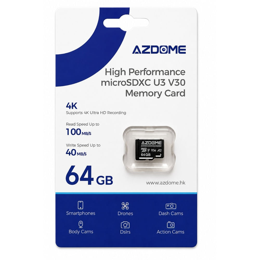 Imagen 2 del producto Tarjeta microSD AZDOME 64GB microSDXC U3 V30 A2, lectura 100 MB/s, escritura 40 MB/s, 4K, negro