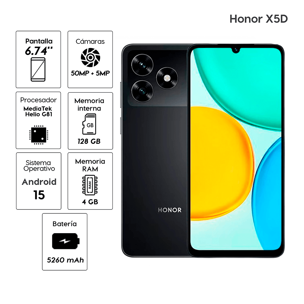 Imagen 2 del producto Celular Honor X5D 128GB, 4GB RAM, cámara trasera 50MP y frontal 5MP, 6.74"", negro